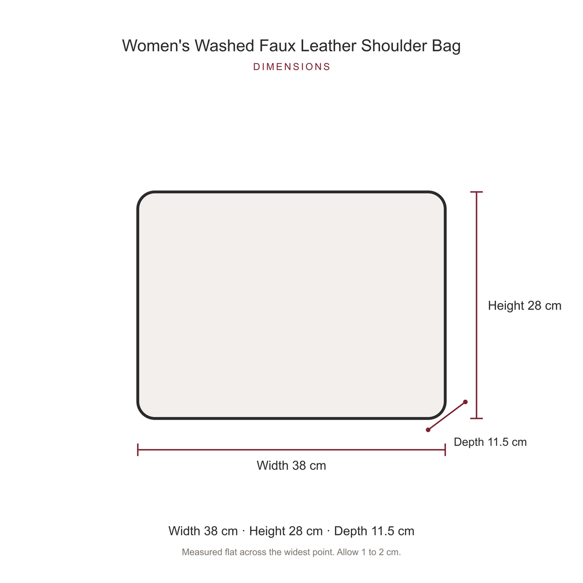 Women's Washed Faux Leather Shoulder Bag, dimensions