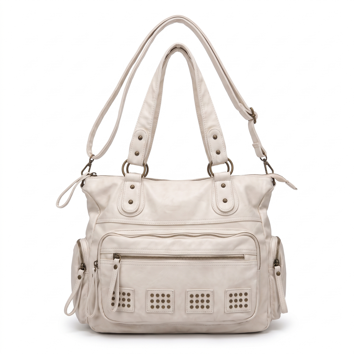 Women's Washed Faux Leather Studded Shoulder Bag in Off-White