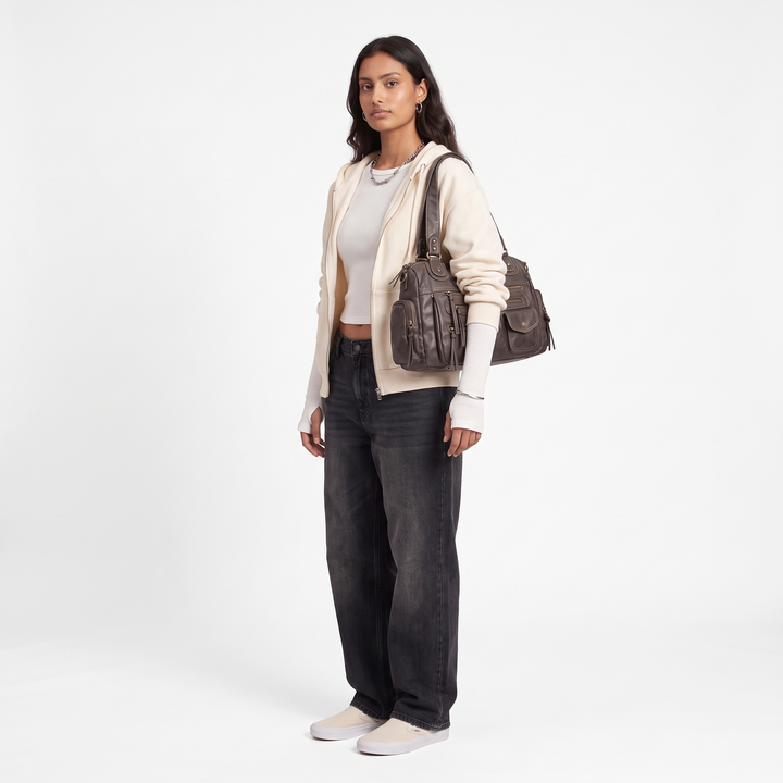 Women's Washed Faux Leather Zip Pocket Shoulder Bag, worn by a model