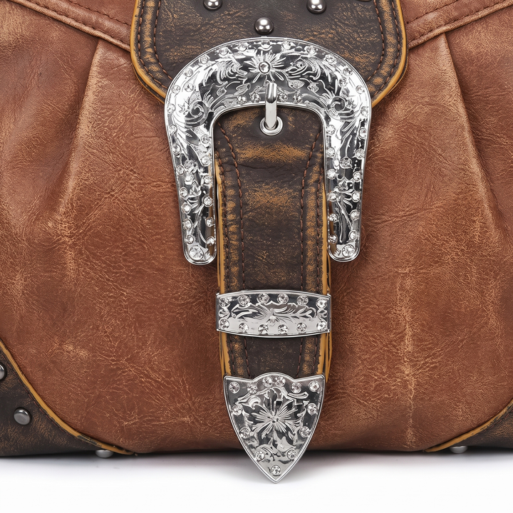 Women's Western Buckle Vegan Leather Shoulder Bag, hardware close-up