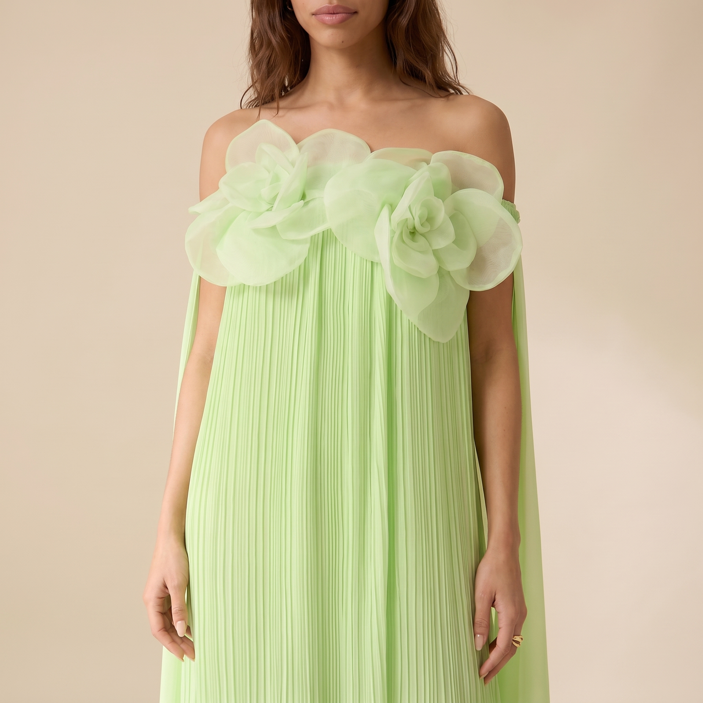 Sunoire your only darling green floral applique off shoulder maxi dress worn detail 01