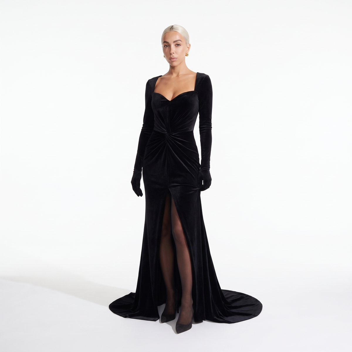 Women's Velvet Sweetheart Long Sleeve Maxi Dress, front view on the model