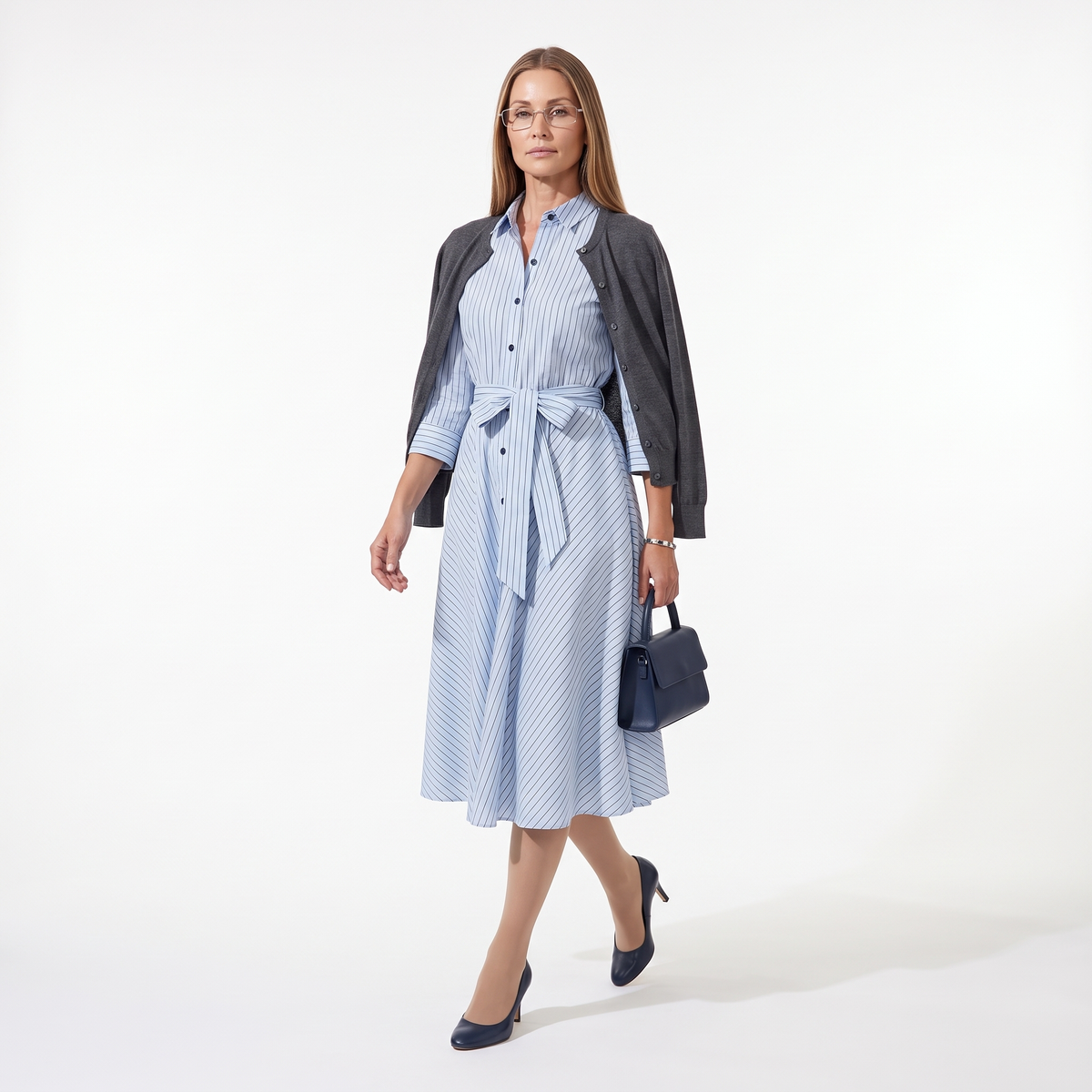 Women's Striped Belted Shirt Midi Dress, front view on the model