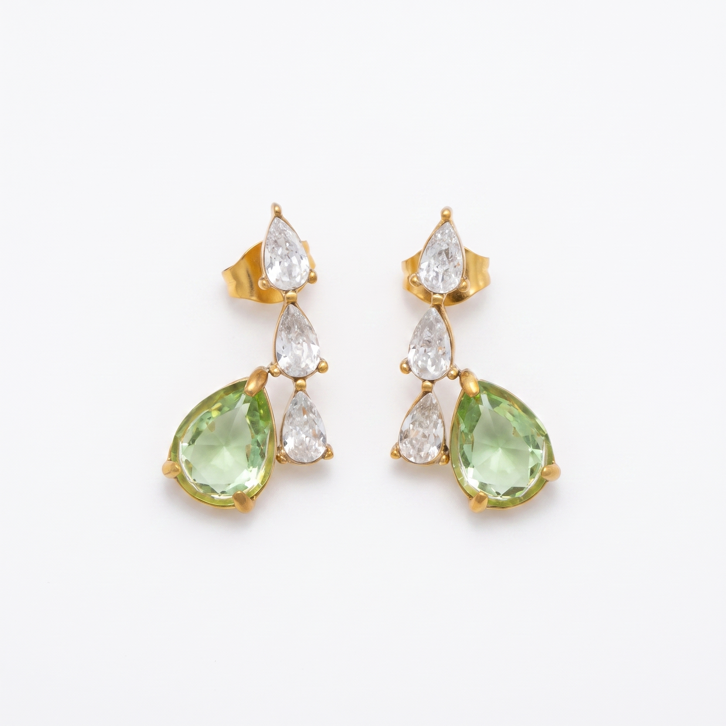 Sunoire yf7034 fashion new design hypoallergenic 18k pvd gold plated stainless steel water drop shaped pear cut zircon earrings 01 flatlay apple green