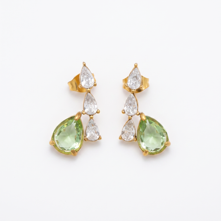 Sunoire yf7034 fashion new design hypoallergenic 18k pvd gold plated stainless steel water drop shaped pear cut zircon earrings 01 flatlay apple green