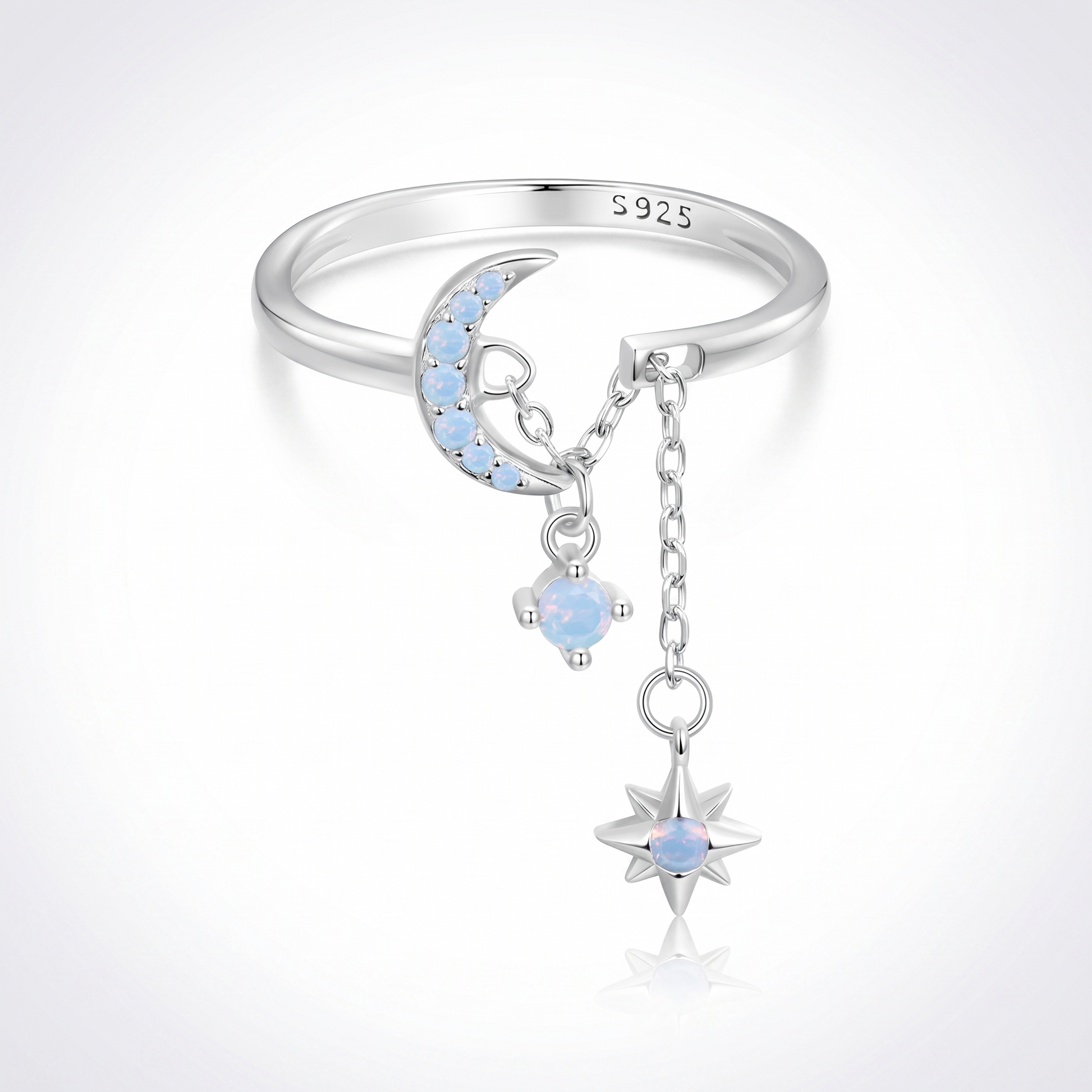 Sunoire wholesale 925 sterling silver adjustable star tassel ring with dangle chain cubic zircon finger ring fashion jewelry for women 01 flatlay blue