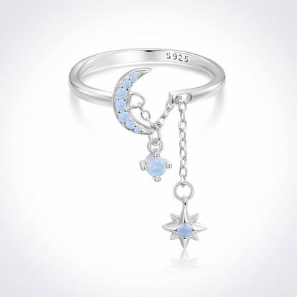 Sunoire wholesale 925 sterling silver adjustable star tassel ring with dangle chain cubic zircon finger ring fashion jewelry for women 01 flatlay blue
