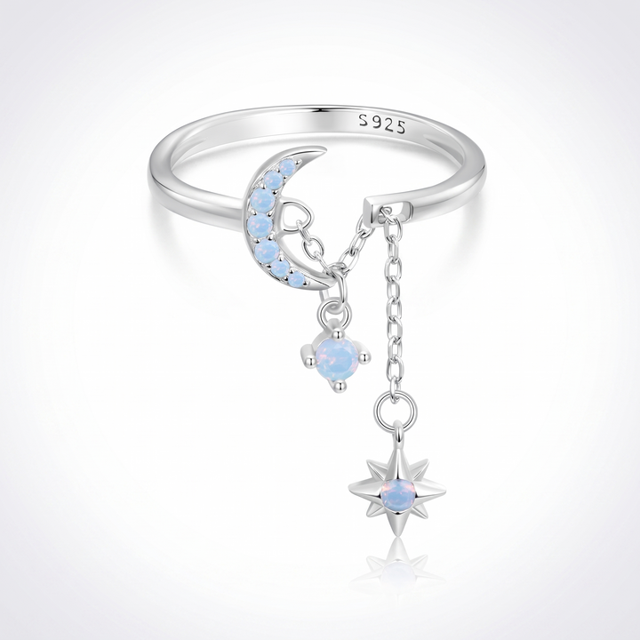Sunoire wholesale 925 sterling silver adjustable star tassel ring with dangle chain cubic zircon finger ring fashion jewelry for women 01 flatlay blue