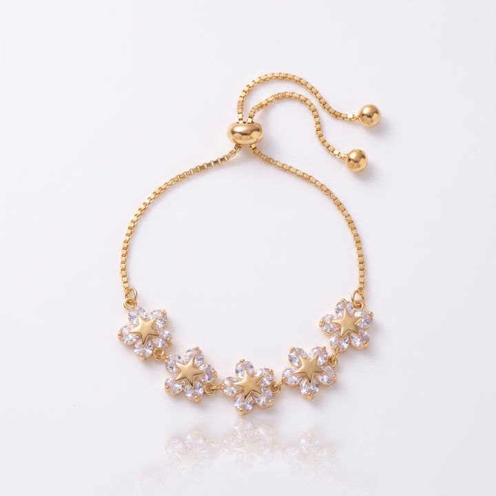 Sunoire flower bracelet jewelry adjustable string new fashion alloy zircon electroplate charm bracelet for women 01 flatlay gold