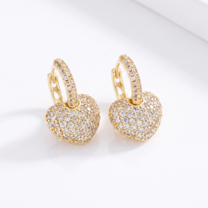 Sunoire fashion heart hoop pendant 14k gold cubic zirconia brass gold plated earrings for women jewelry 01 flatlay gold