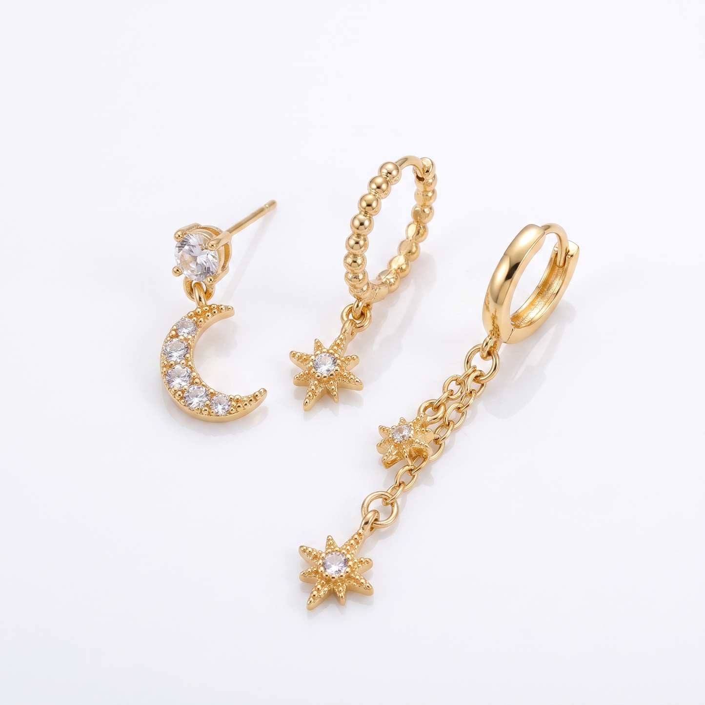 Sunoire star moon chain tassel earrings six point star zircon stud earrings set women wholesale fashion jewelry accessories gift box set 01 flatlay gold