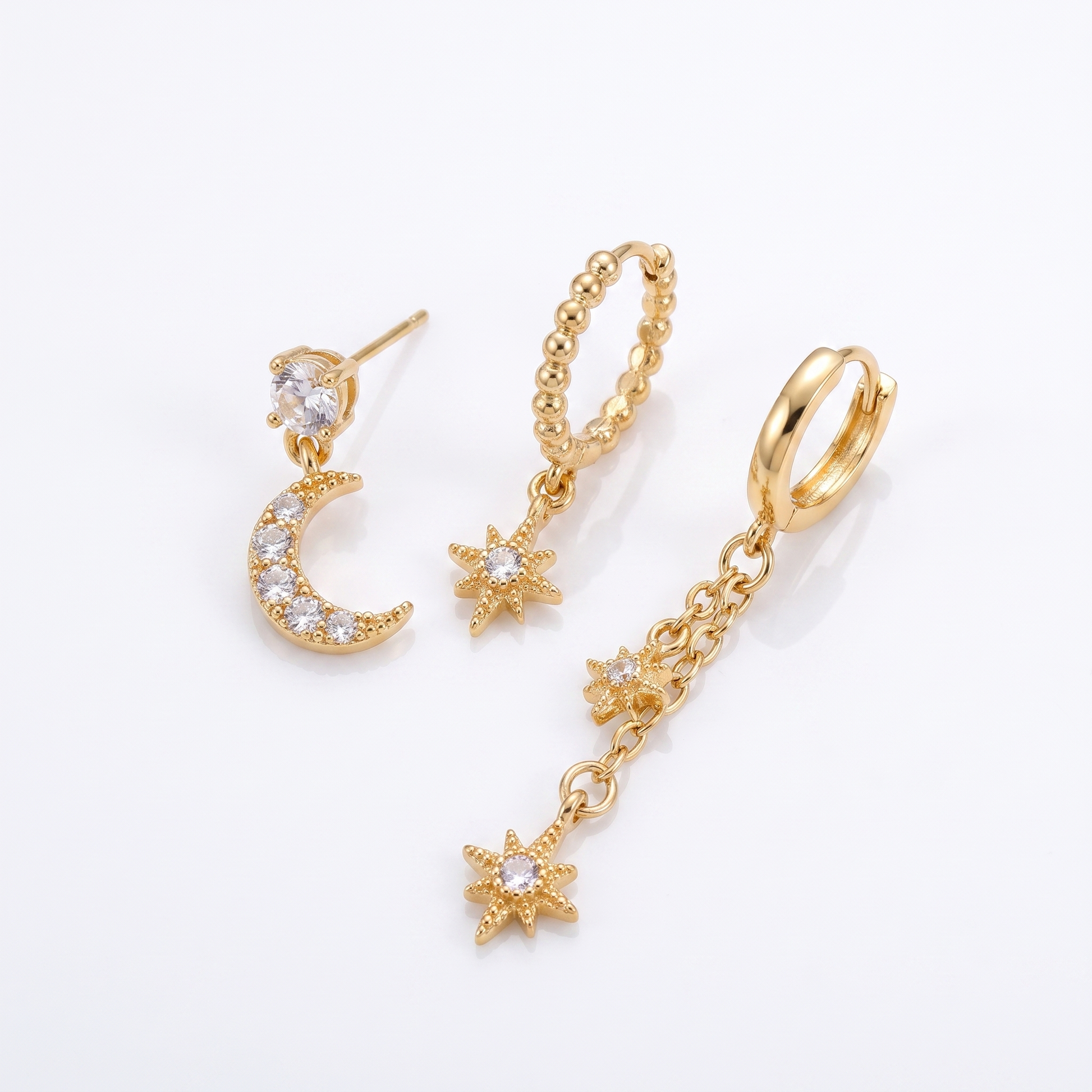 Sunoire star moon chain tassel earrings six point star zircon stud earrings set women wholesale fashion jewelry accessories gift box set 01 flatlay gold