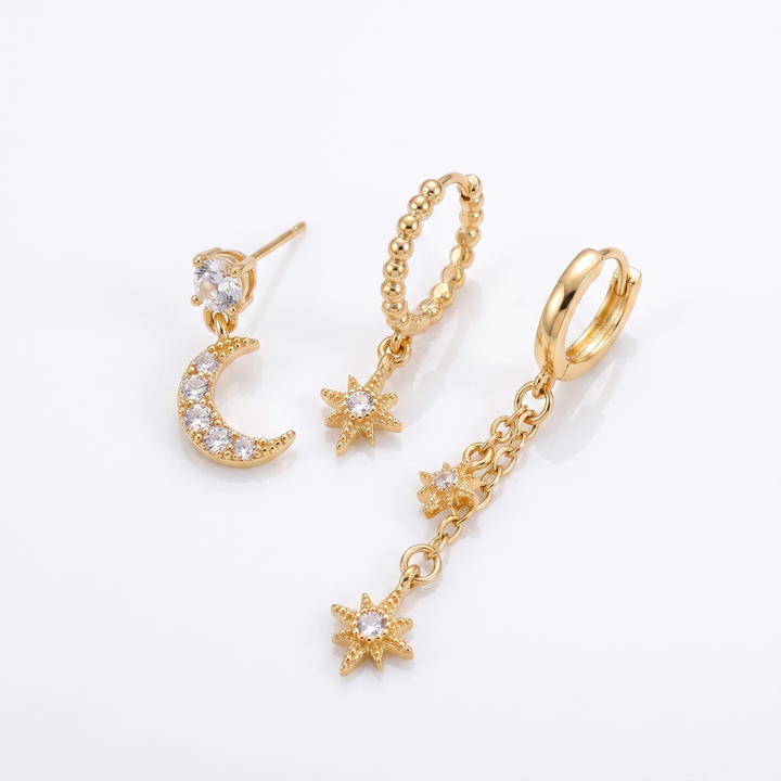 Sunoire star moon chain tassel earrings six point star zircon stud earrings set women wholesale fashion jewelry accessories gift box set 01 flatlay gold