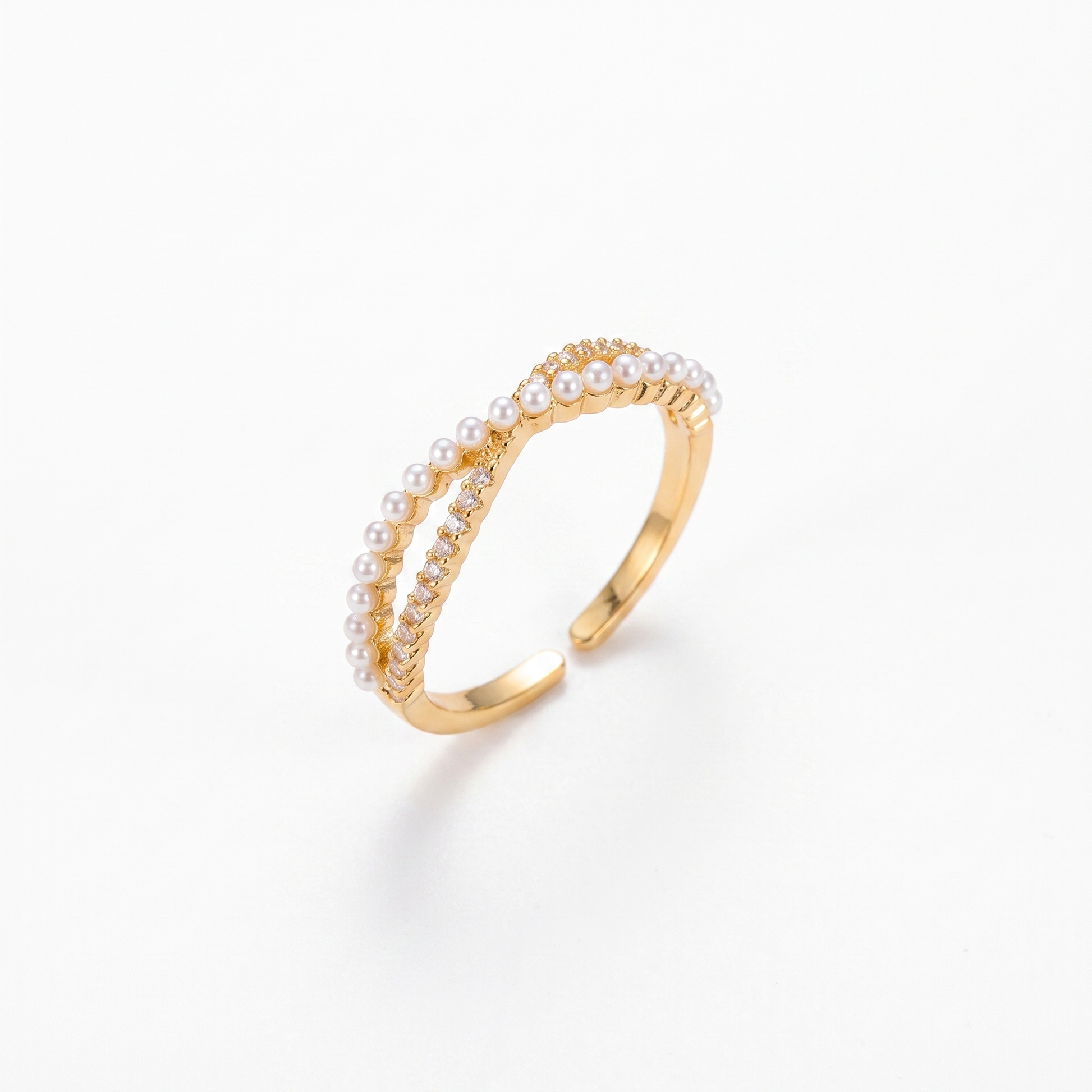 Sunoire korean style copper plated real gold pearl open adjustable ring fashion simple and attractive diamond set ring for women 01 flatlay gold