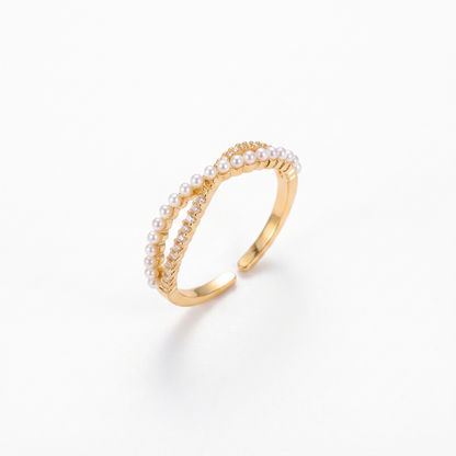Sunoire korean style copper plated real gold pearl open adjustable ring fashion simple and attractive diamond set ring for women 01 flatlay gold