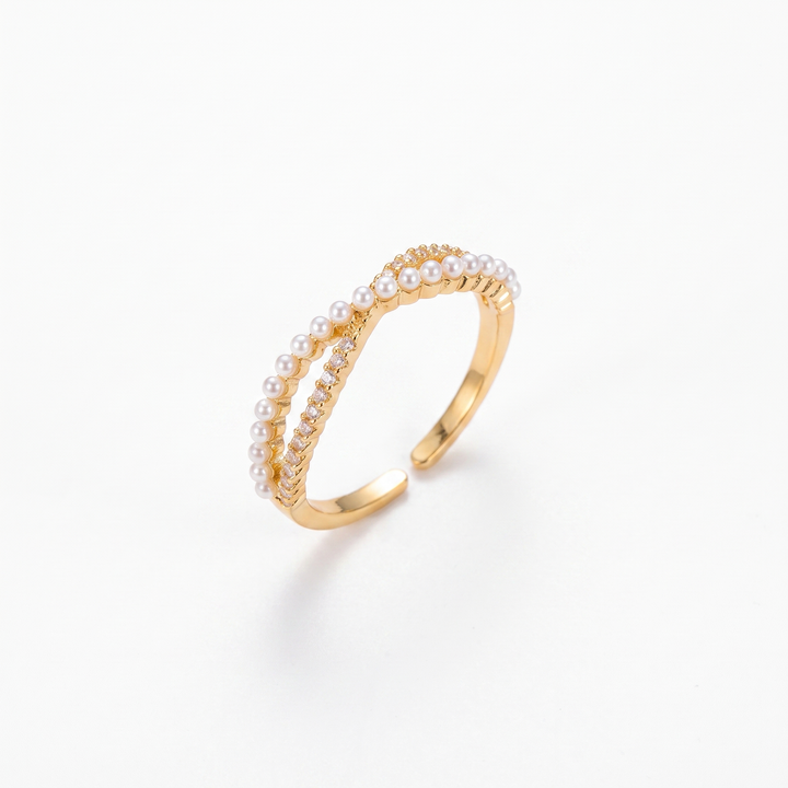 Sunoire korean style copper plated real gold pearl open adjustable ring fashion simple and attractive diamond set ring for women 01 flatlay gold