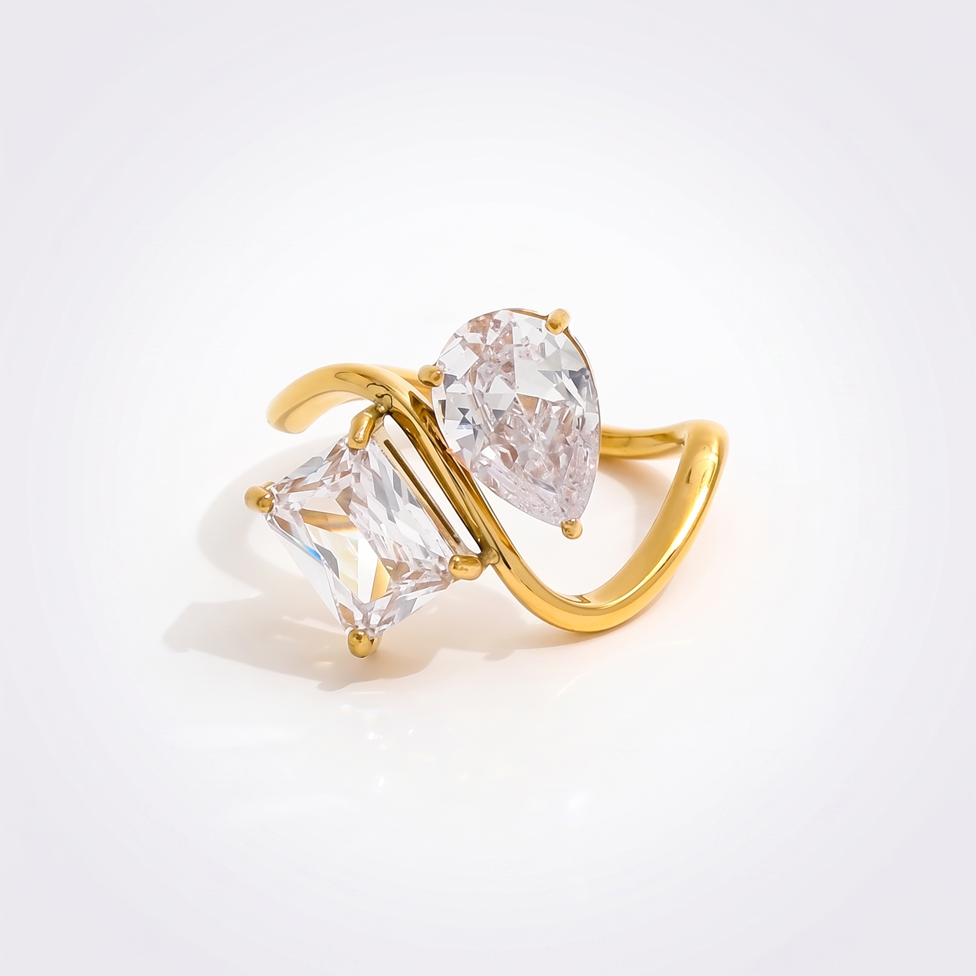 Sunoire trendy fashion ring with water drop rectangle zircon 18k gold plated high end stainless steel for gift 01 flatlay gold