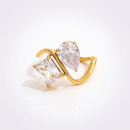 Sunoire trendy fashion ring with water drop rectangle zircon 18k gold plated high end stainless steel for gift 01 flatlay gold