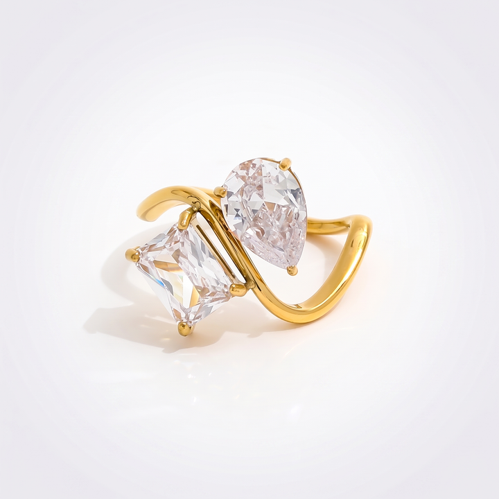 Sunoire trendy fashion ring with water drop rectangle zircon 18k gold plated high end stainless steel for gift 01 flatlay gold