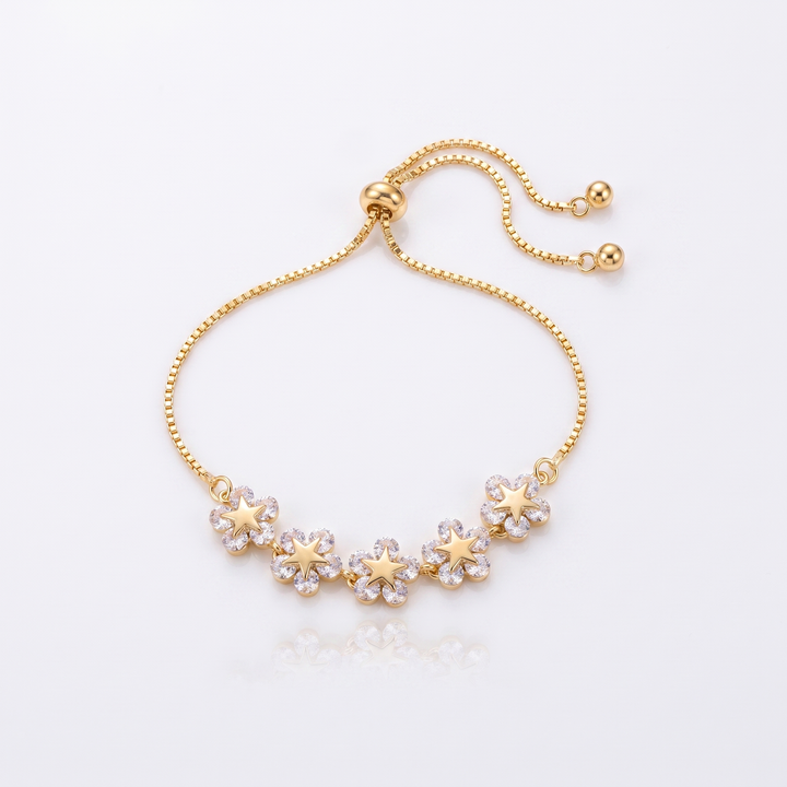 Sunoire europe america women fashion simple adjustable gold plated zirconia flower bracelet personalized design jewelry for party gifts 01 flatlay gold