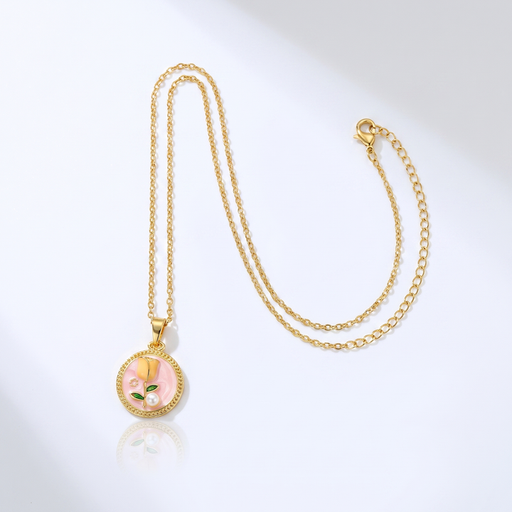 Sunoire dropshipping products wholesale fashion pearl flower transparent gold plated enamel pendant necklace jewelry sets for women 01 flatlay gold