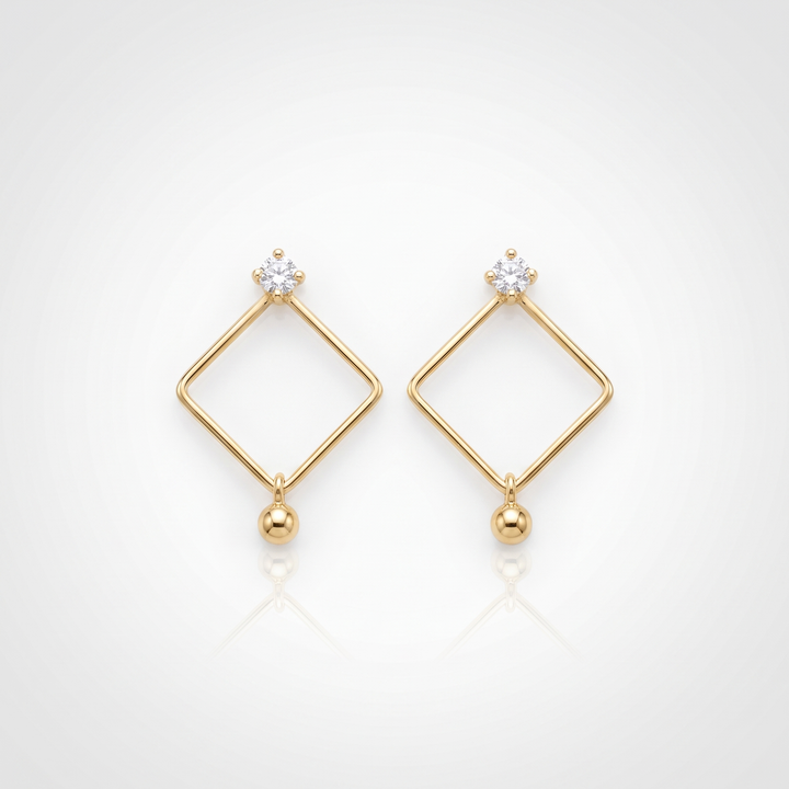 Sunoire fashion designer rhombus diamond zircon pendant earrings 18k gold plated geometric korean style jewelry drop earrings set women 01 flatlay gold