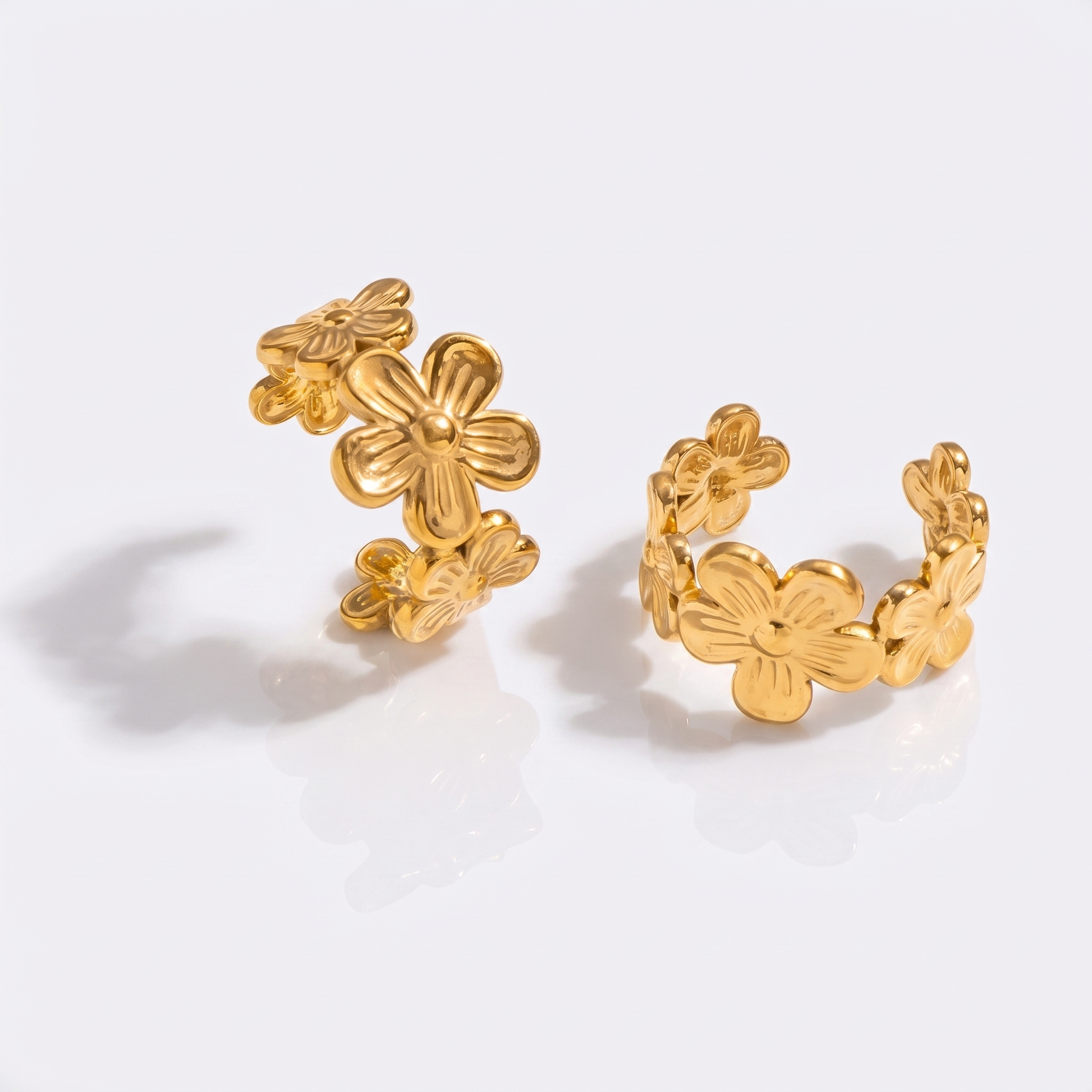 Sunoire x l sweet waterproof 18k gold plated stainless steel floral flower cuff earrings for women daily high quality jewelry wholesale 01 flatlay gold