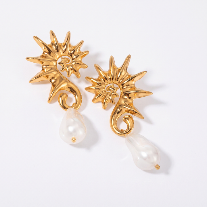 Sunoire yw fashion 18k gold stainless steel seahorse pendant earrings trendy irregular pearl jewelry for women 01 flatlay gold