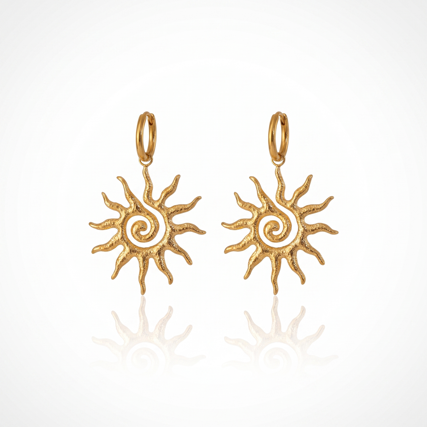Sunoire fine 18k gold plated hammered spiral sun fashion pendant earrings for women waterproof stainless steel jewelry gift 01 flatlay gold