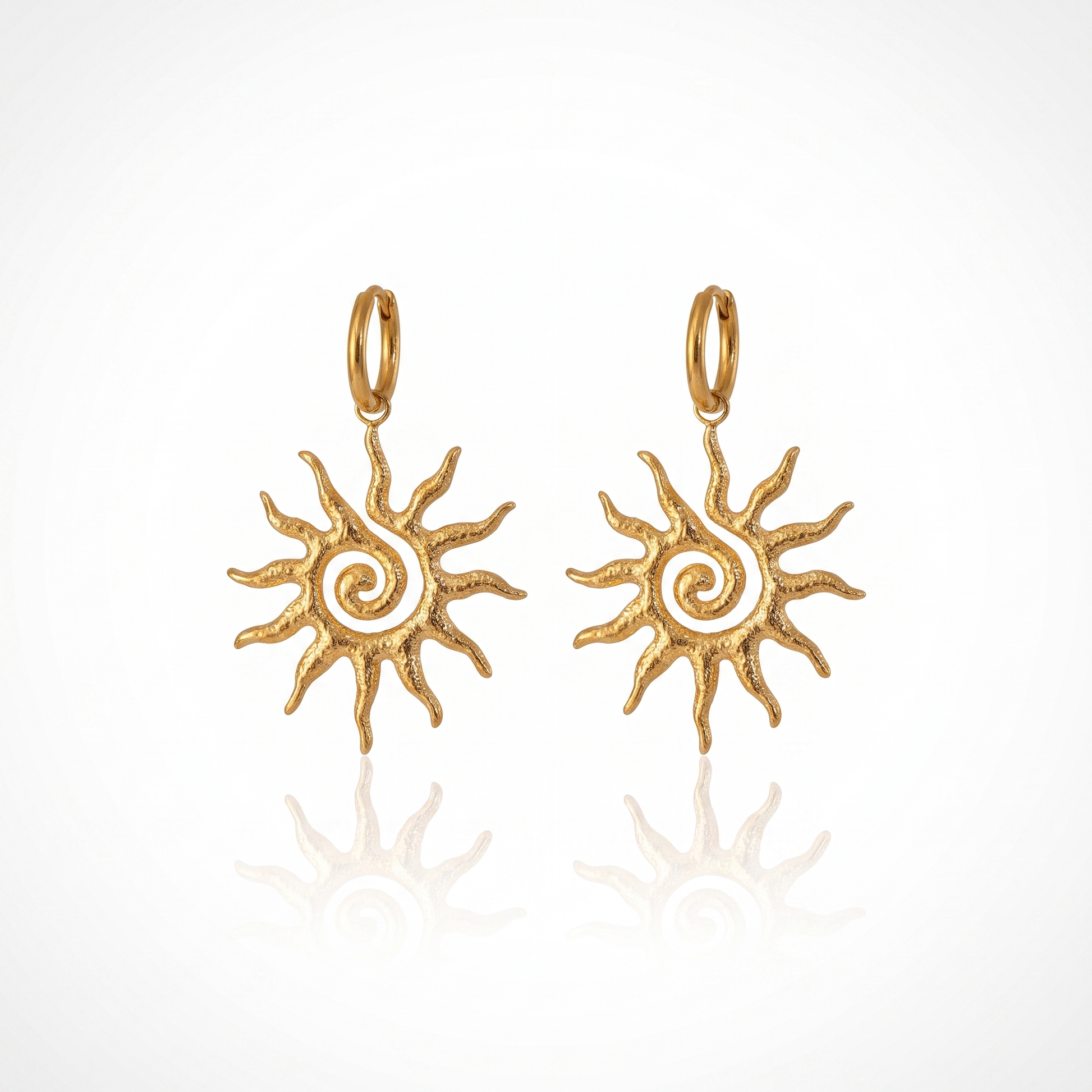 Sunoire fine 18k gold plated hammered spiral sun fashion pendant earrings for women waterproof stainless steel jewelry gift 01 flatlay gold
