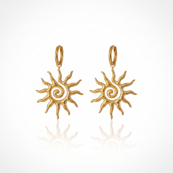Sunoire fine 18k gold plated hammered spiral sun fashion pendant earrings for women waterproof stainless steel jewelry gift 01 flatlay gold