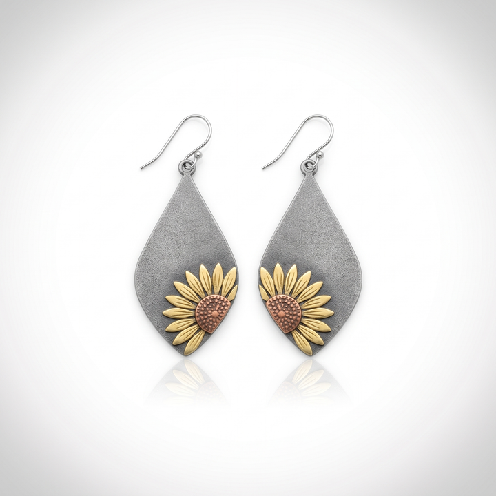 Sunoire factory wholesale jewelry bohemian earrings brass sun flower earrings retro antique plated sunflower drop earring for women 01 flatlay gunmetal
