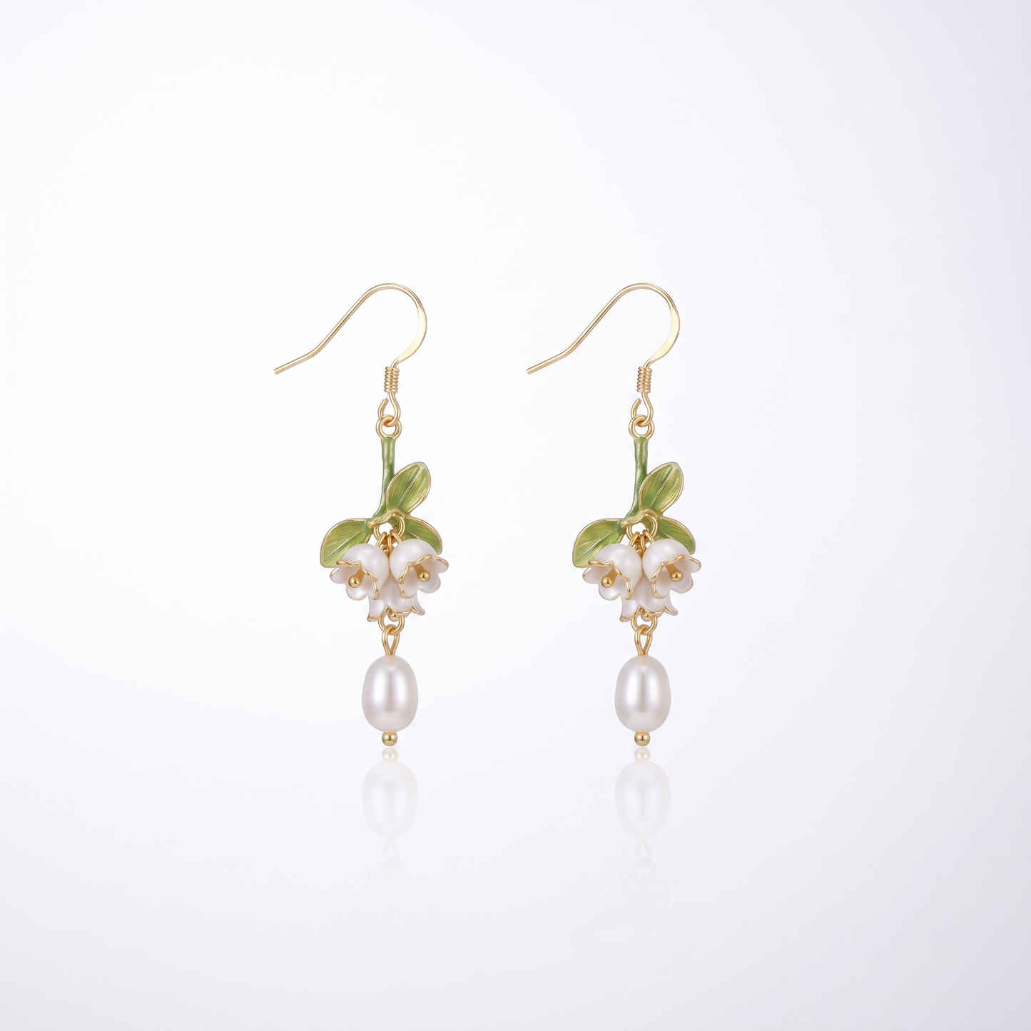 Sunoire lily valley cottagecore floral freshwater pearl studs 925 silver drop earrings green enamel tassels handmade gold bezel setting 01 flatlay ivory floral