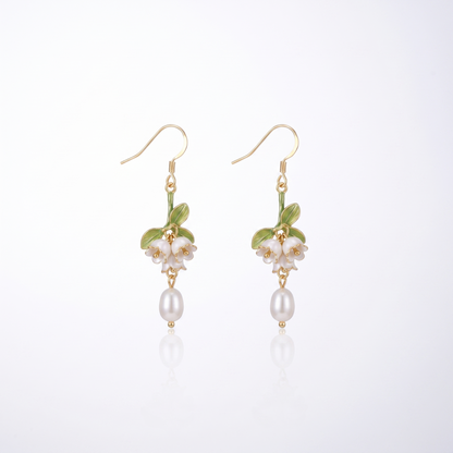 Sunoire lily valley cottagecore floral freshwater pearl studs 925 silver drop earrings green enamel tassels handmade gold bezel setting 01 flatlay ivory floral