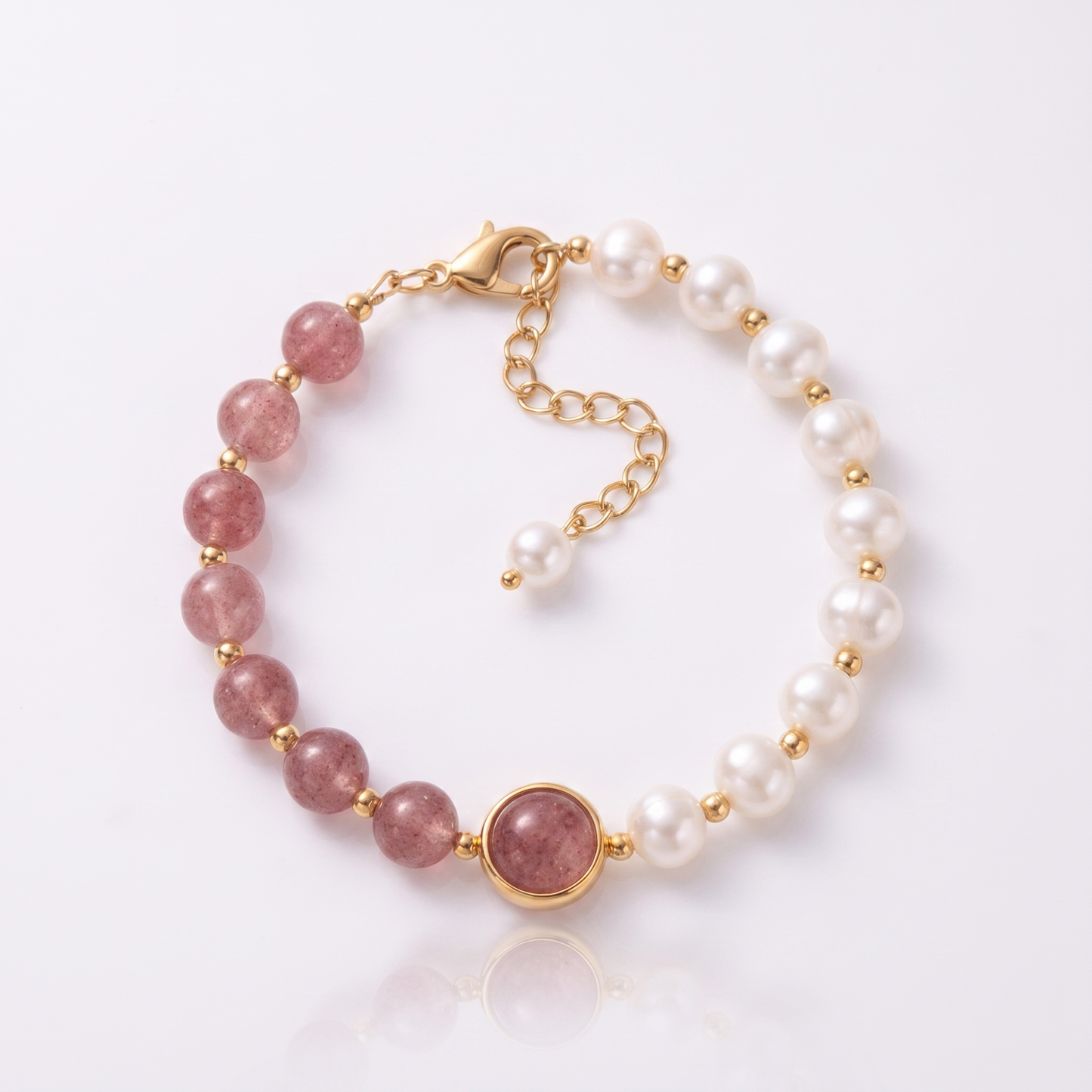 Sunoire girl friend gift good luck charm baroque pearl bracelets strawberry quartz crystal bracelet women 01 flatlay pink pearl