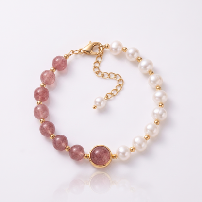 Sunoire girl friend gift good luck charm baroque pearl bracelets strawberry quartz crystal bracelet women 01 flatlay pink pearl