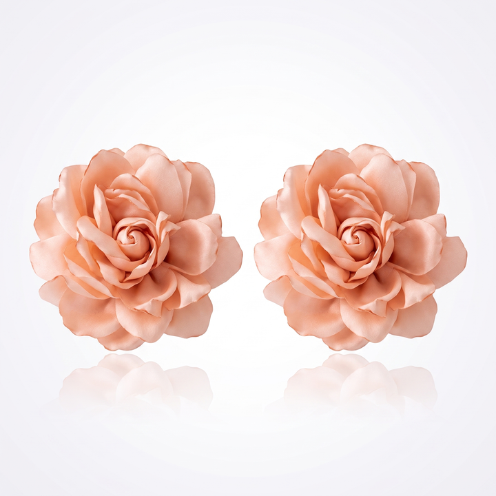 Sunoire exaggerated design big fabric flower earrings for women fashion niche artistic style simulation flower statement earrings 01 flatlay pink