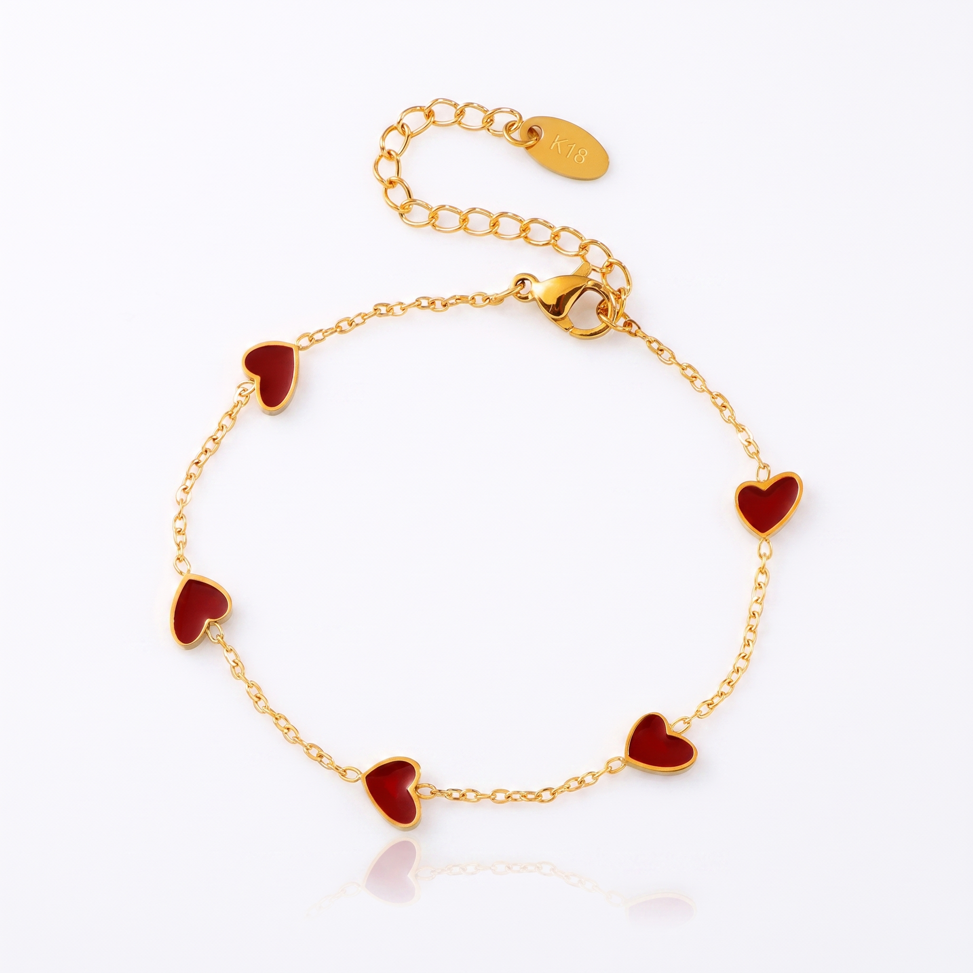 Sunoire fashion five crooked hearts red resin titanium steel 18k gold plated bracelet heart shaped for women tarnish resistant 01 flatlay red