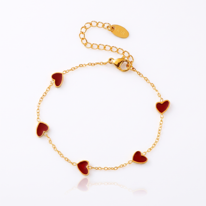 Sunoire fashion five crooked hearts red resin titanium steel 18k gold plated bracelet heart shaped for women tarnish resistant 01 flatlay red