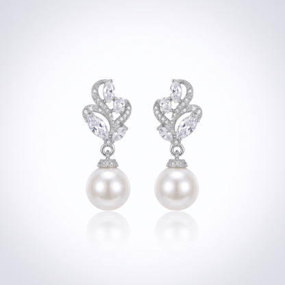Sunoire brass cz crystal luxury dangle drop pearl bridal earrings silver plated women wedding anniversary accessories 2026 trending claw 01 flatlay silver
