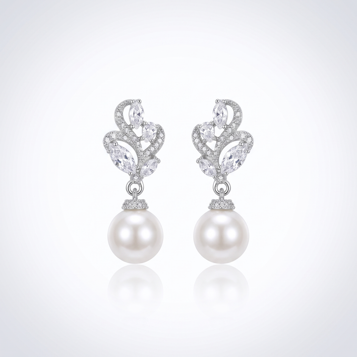 Sunoire brass cz crystal luxury dangle drop pearl bridal earrings silver plated women wedding anniversary accessories 2026 trending claw 01 flatlay silver