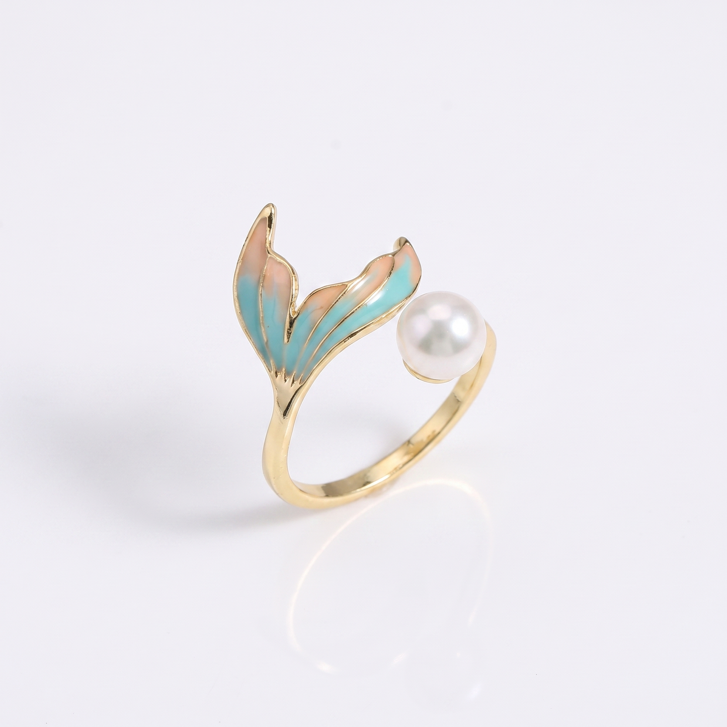 Sunoire colorful oil dripping gradient fish tail natural pearl ring with adjustable opening women s jewelry in stock wholesale 01 flatlay turquoise gradient