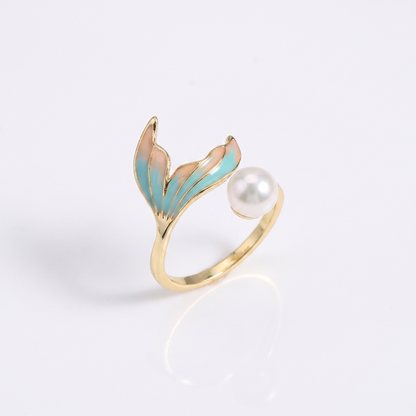 Sunoire colorful oil dripping gradient fish tail natural pearl ring with adjustable opening women s jewelry in stock wholesale 01 flatlay turquoise gradient