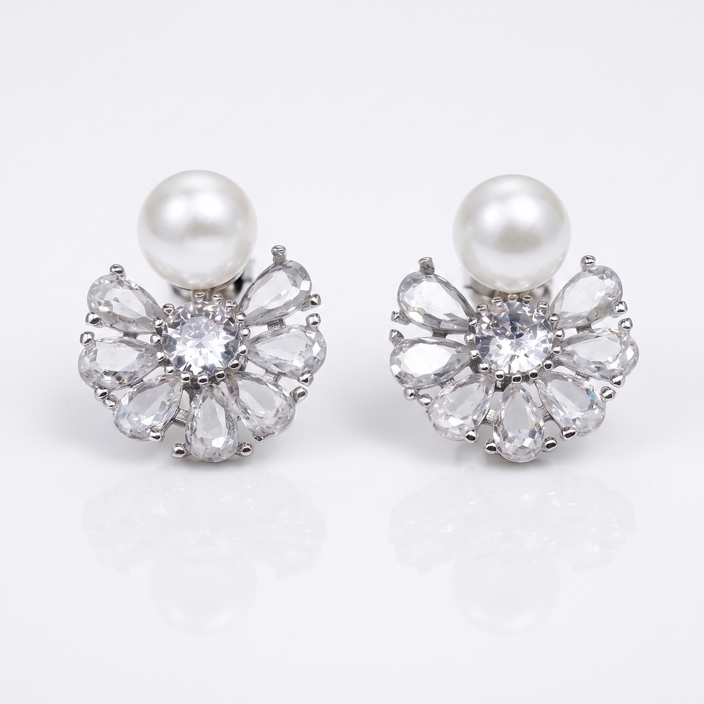 Sunoire luxury trendy geometric pear cut zircon stud earrings for women bridal gift jewelry wholesale 01 flatlay white pearl