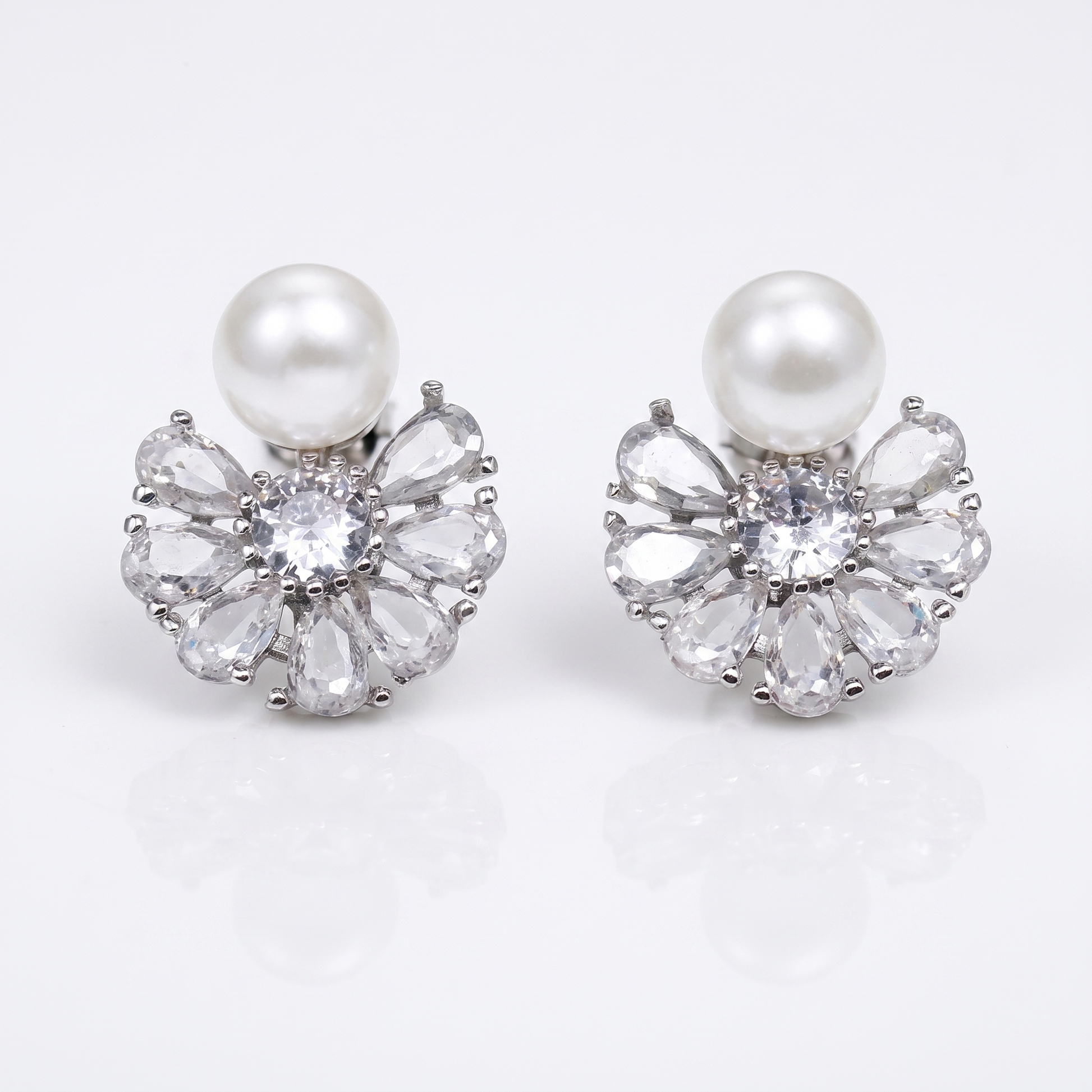 Sunoire luxury trendy geometric pear cut zircon stud earrings for women bridal gift jewelry wholesale 01 flatlay white pearl