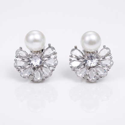 Sunoire luxury trendy geometric pear cut zircon stud earrings for women bridal gift jewelry wholesale 01 flatlay white pearl