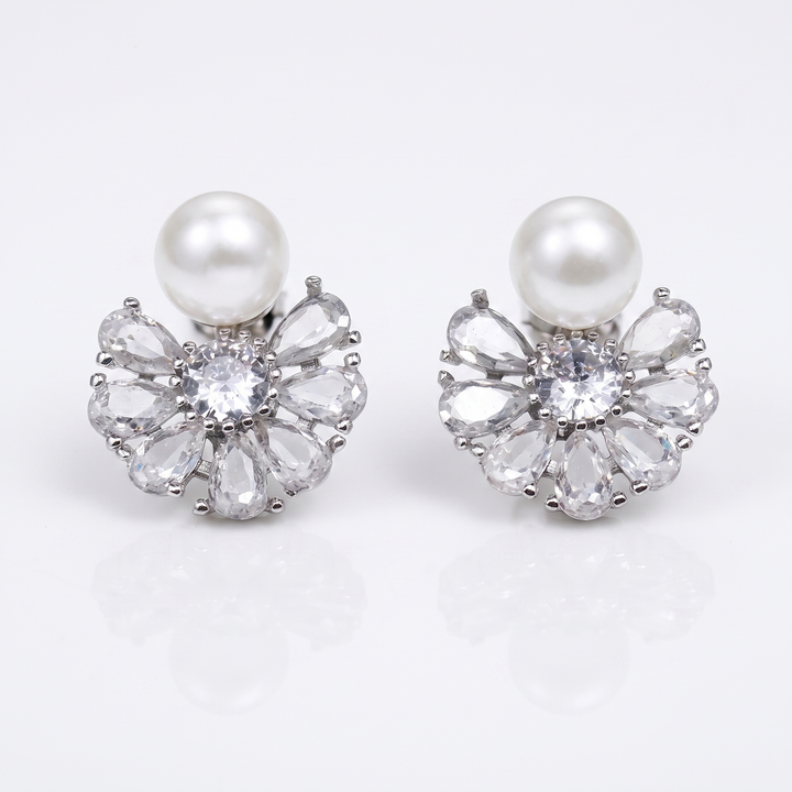 Sunoire luxury trendy geometric pear cut zircon stud earrings for women bridal gift jewelry wholesale 01 flatlay white pearl