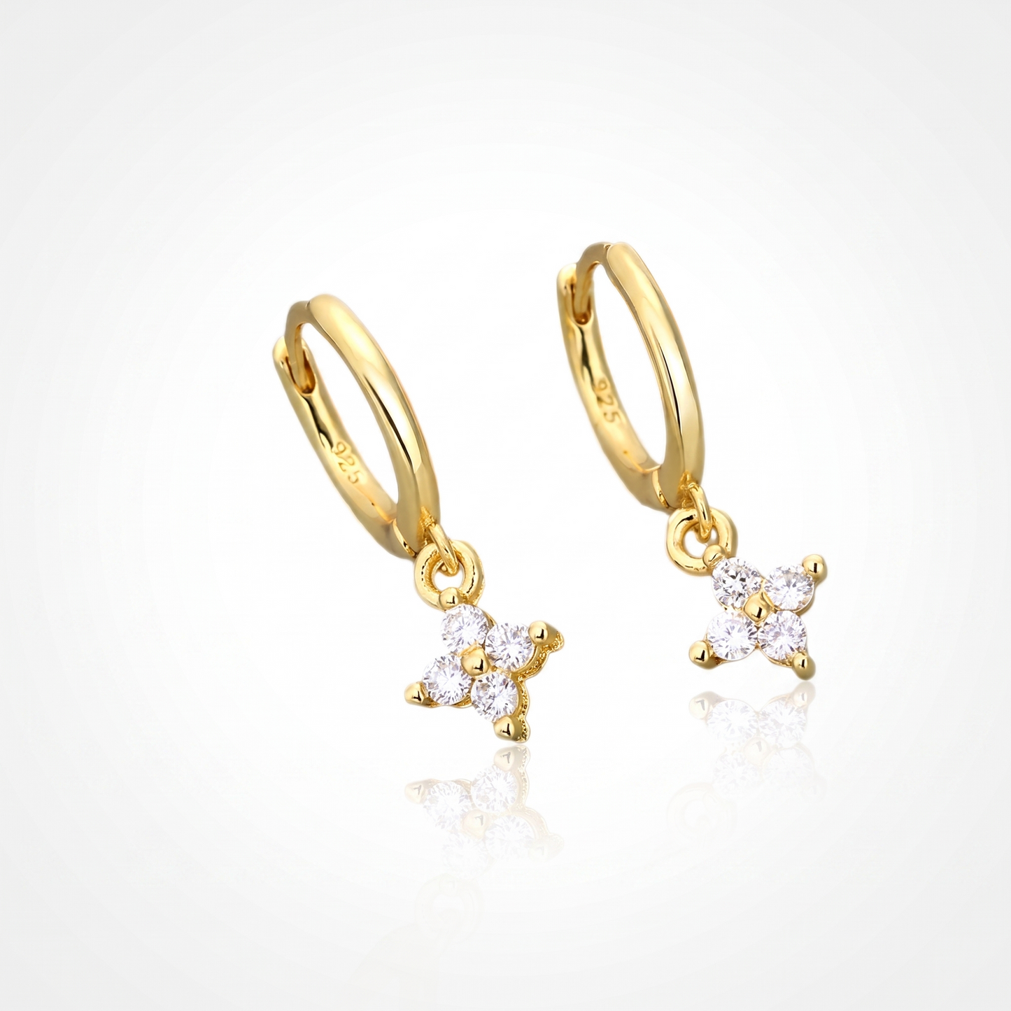 Sunoire classic summer fine jewelry 925 sterling silver zircon four leaf clover earrings for women hoop drop 01 flatlay white