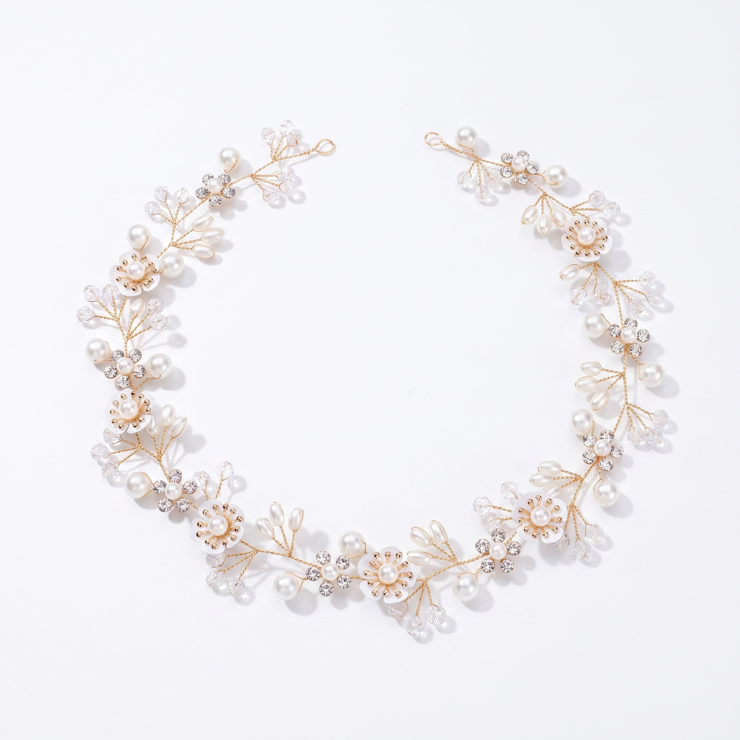 Sunoire bridal accessories wedding headwear crystal pearl headband hair accessories beautiful flowers handmade beaded pan headband 01 flatlay white