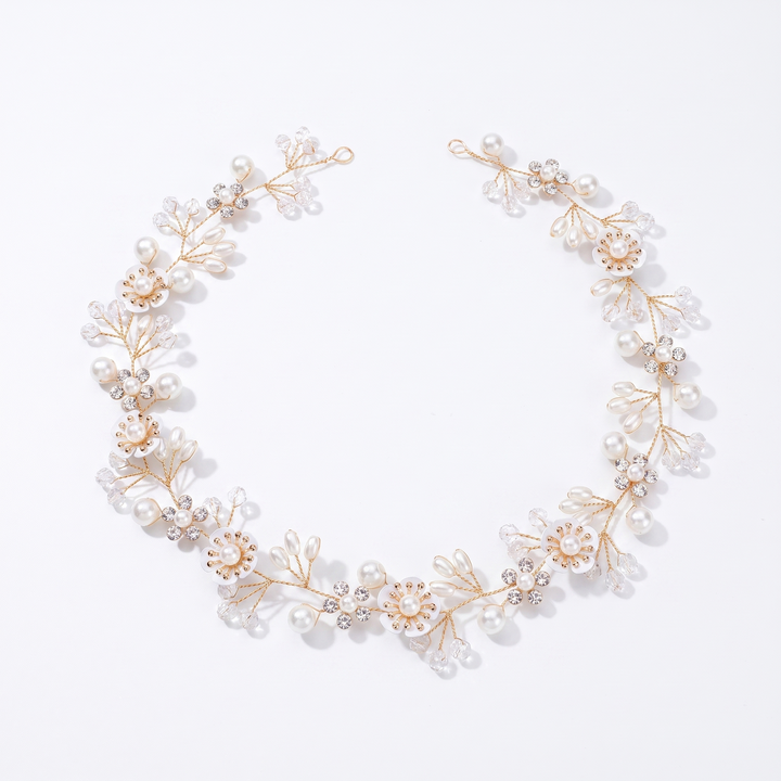 Sunoire bridal accessories wedding headwear crystal pearl headband hair accessories beautiful flowers handmade beaded pan headband 01 flatlay white